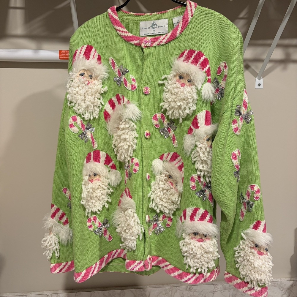 Vtg Design Options By Philip & Jane Gordon Santa Cardigan Swtr SZ XL Christmas